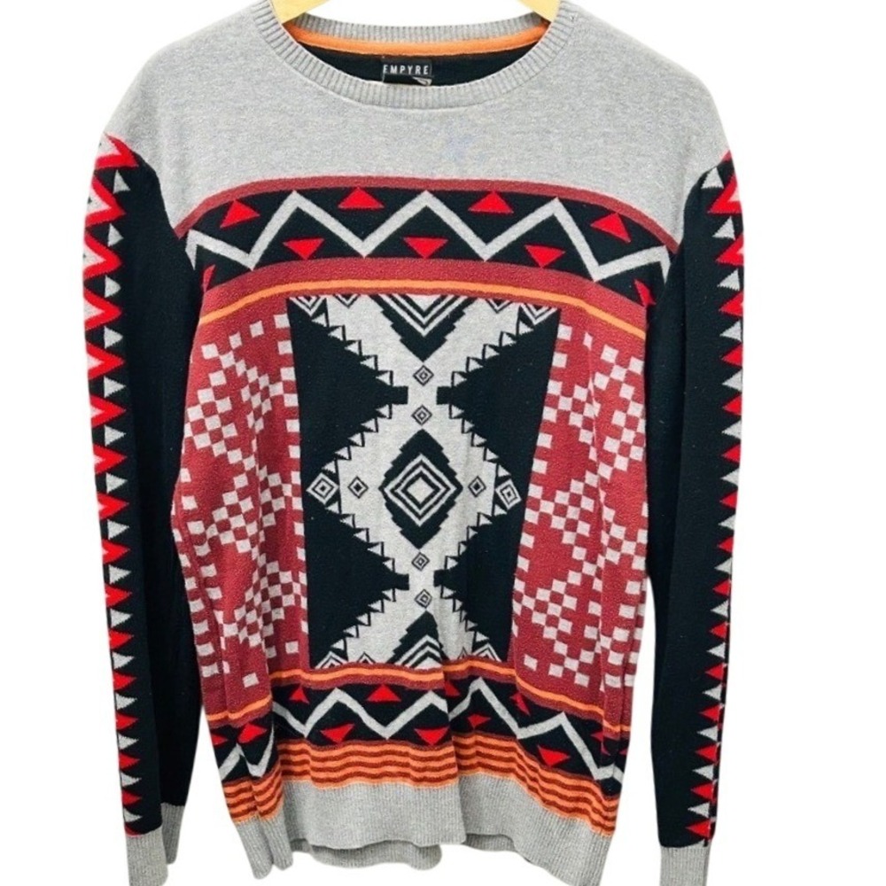 Empyre Men's Geometric Southwest Knit Crewneck Sweater Gray Red‎ Black Size M